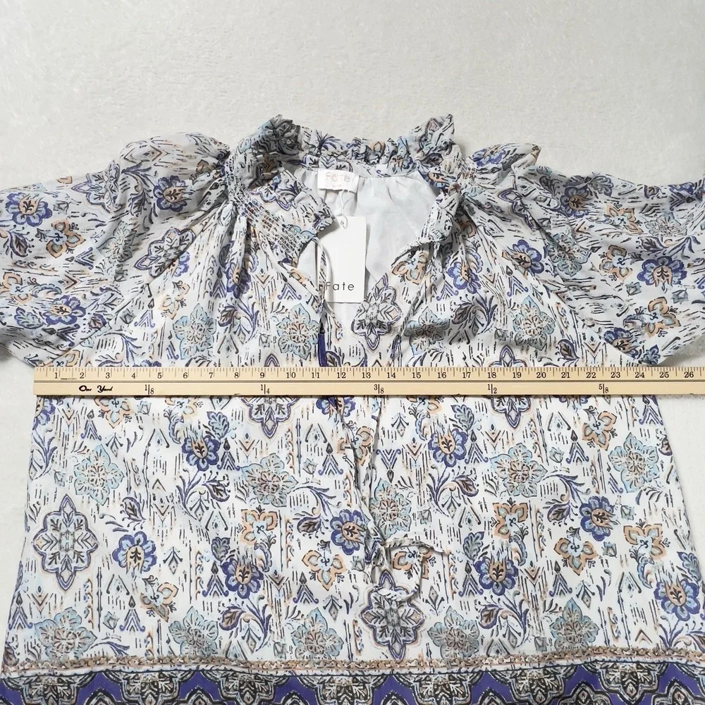 Fate Border‎ Print Tie Neck Peasant Blouse Womens Sz L Long Sleeve Cotton Voile